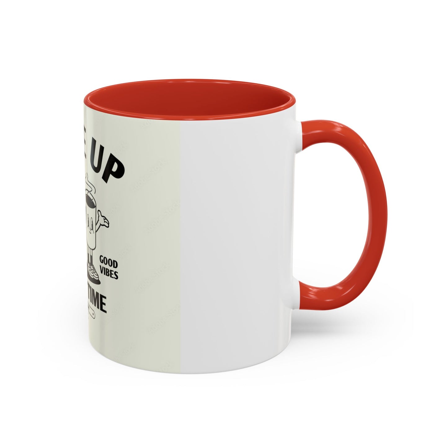 Wake Up Coffee Time Accent Mug — Retro Cartoon Coffee Pot & Cup, Good Vibes Morning Mug (11/15oz)