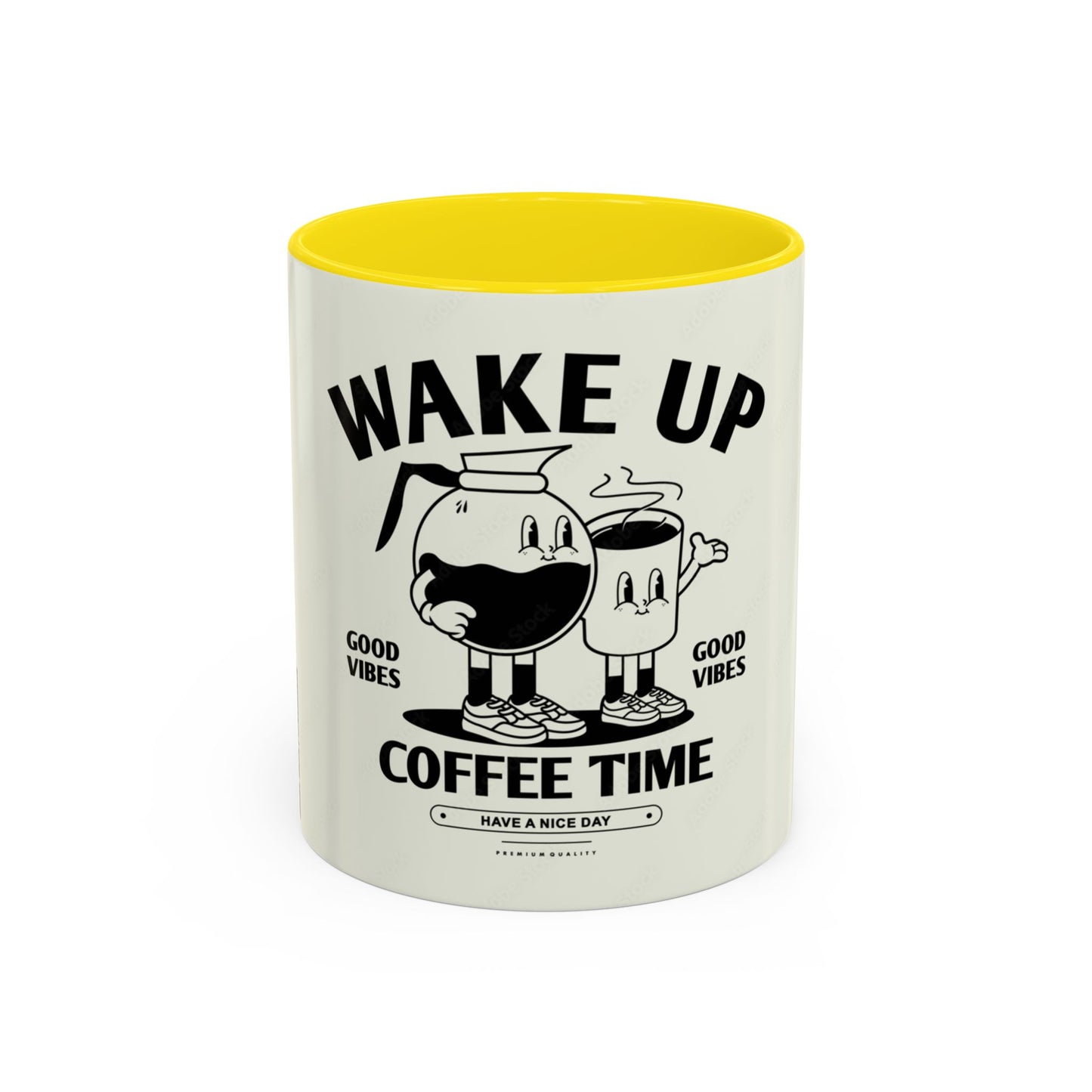 Wake Up Coffee Time Accent Mug — Retro Cartoon Coffee Pot & Cup, Good Vibes Morning Mug (11/15oz)