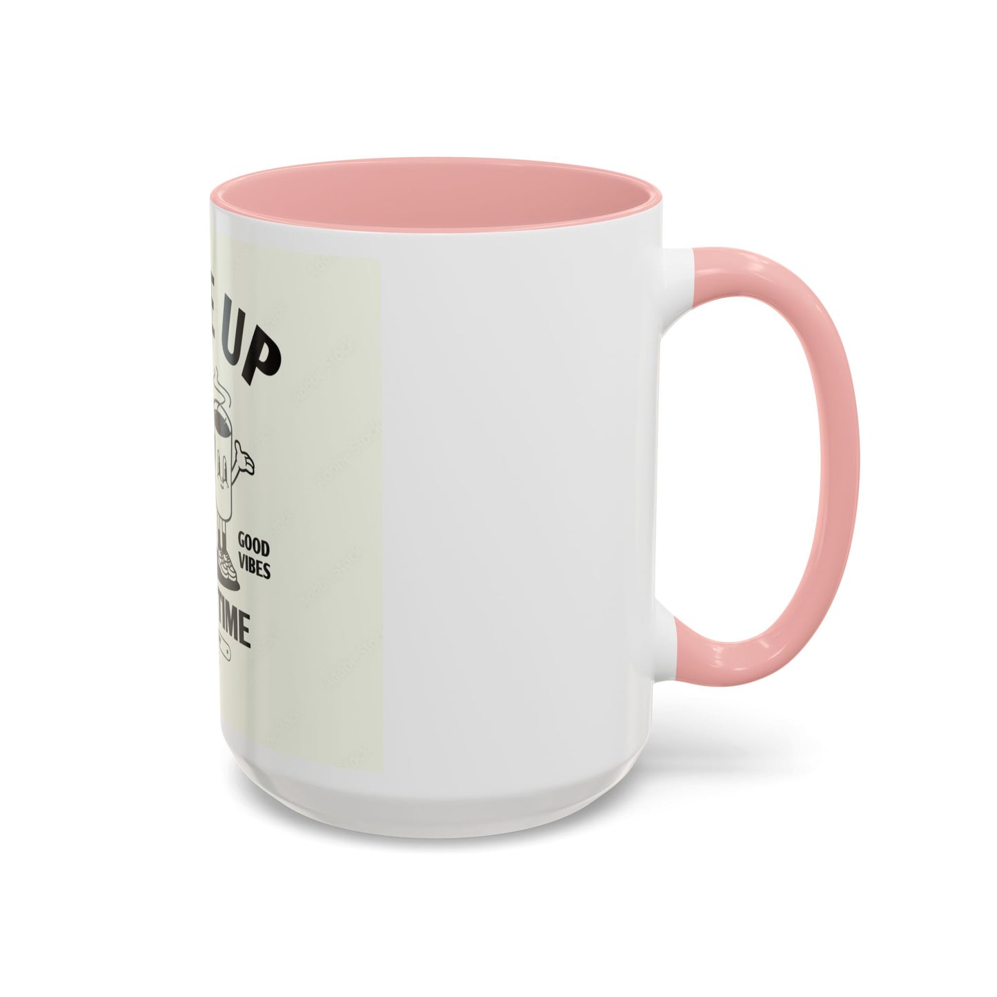 Wake Up Coffee Time Accent Mug — Retro Cartoon Coffee Pot & Cup, Good Vibes Morning Mug (11/15oz)