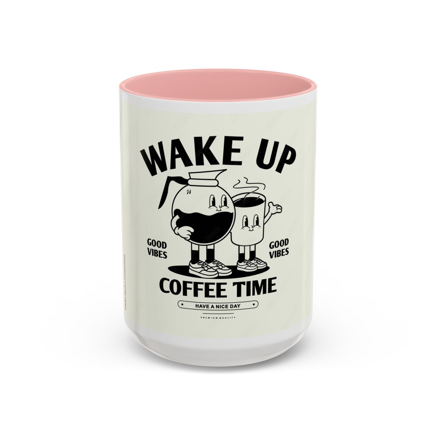 Wake Up Coffee Time Accent Mug — Retro Cartoon Coffee Pot & Cup, Good Vibes Morning Mug (11/15oz)