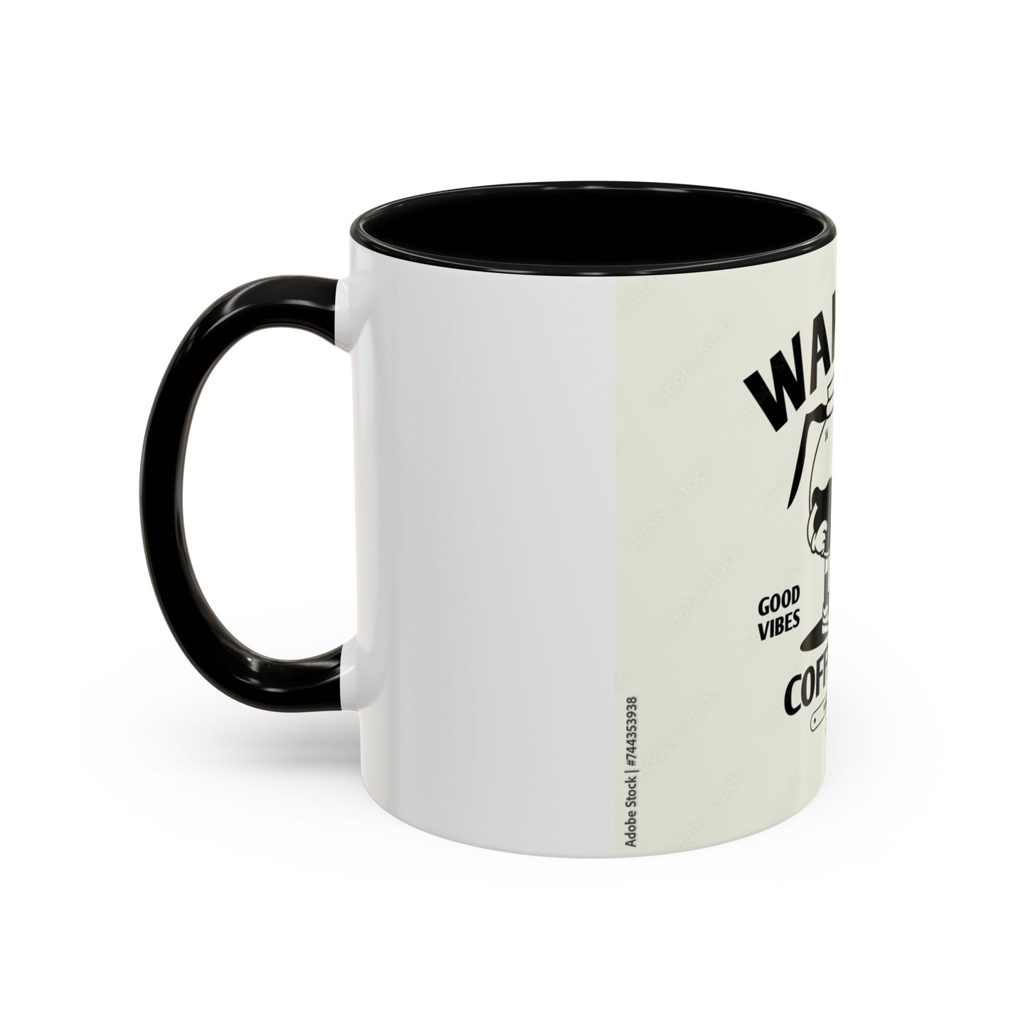 Wake Up Coffee Time Accent Mug — Retro Cartoon Coffee Pot & Cup, Good Vibes Morning Mug (11/15oz)