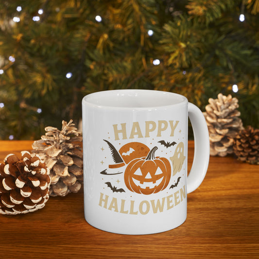 Halloween Ceramic Mug - Happy Halloween Decor, Fall Coffee Mug, Spooky Gift, Pumpkin Mug, Ghosts & Bats