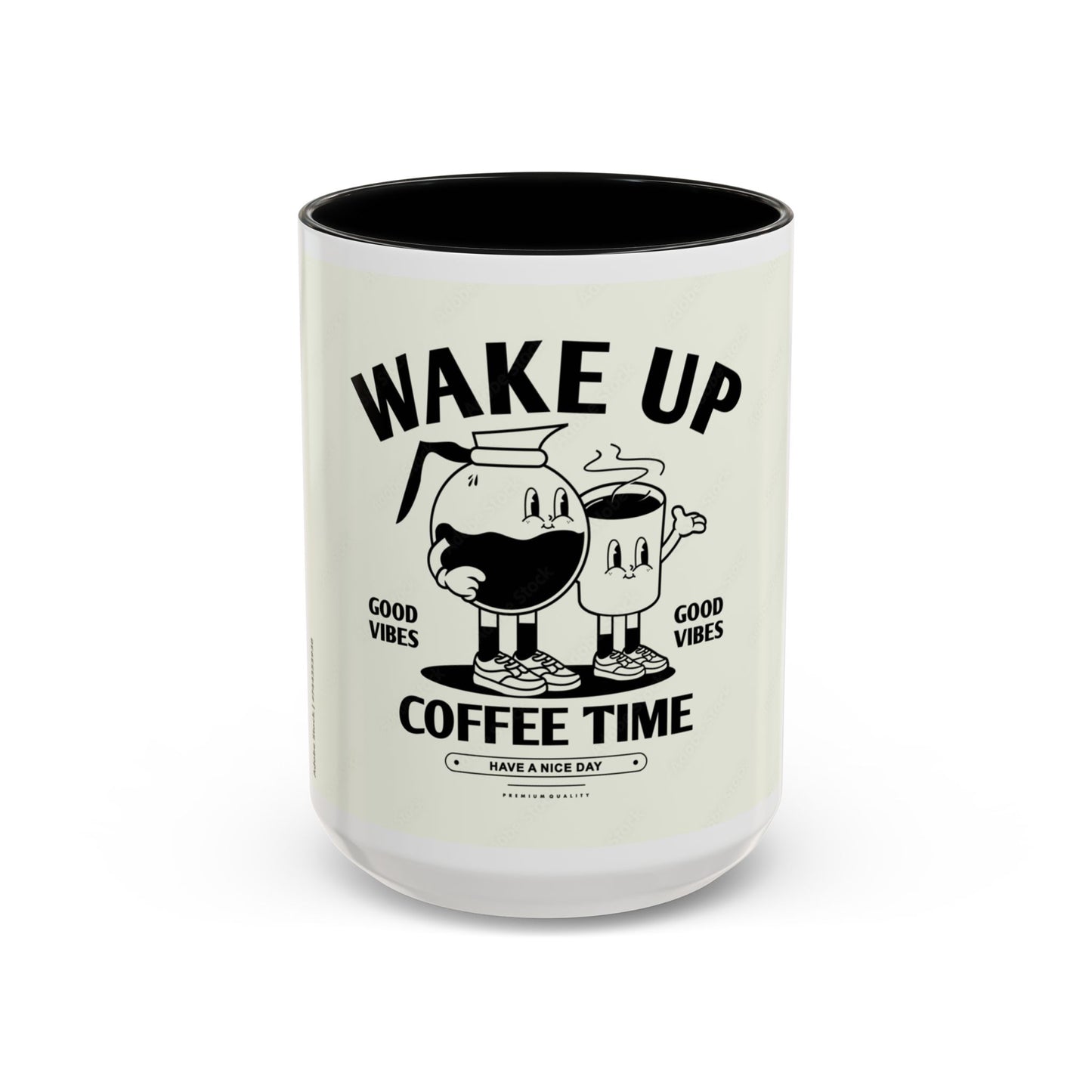 Wake Up Coffee Time Accent Mug — Retro Cartoon Coffee Pot & Cup, Good Vibes Morning Mug (11/15oz)