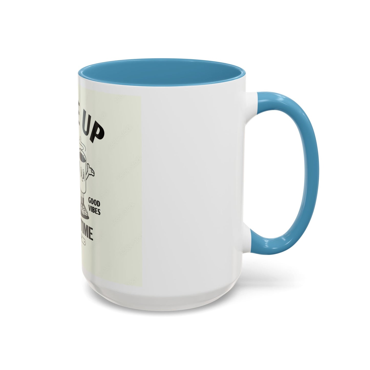 Wake Up Coffee Time Accent Mug — Retro Cartoon Coffee Pot & Cup, Good Vibes Morning Mug (11/15oz)