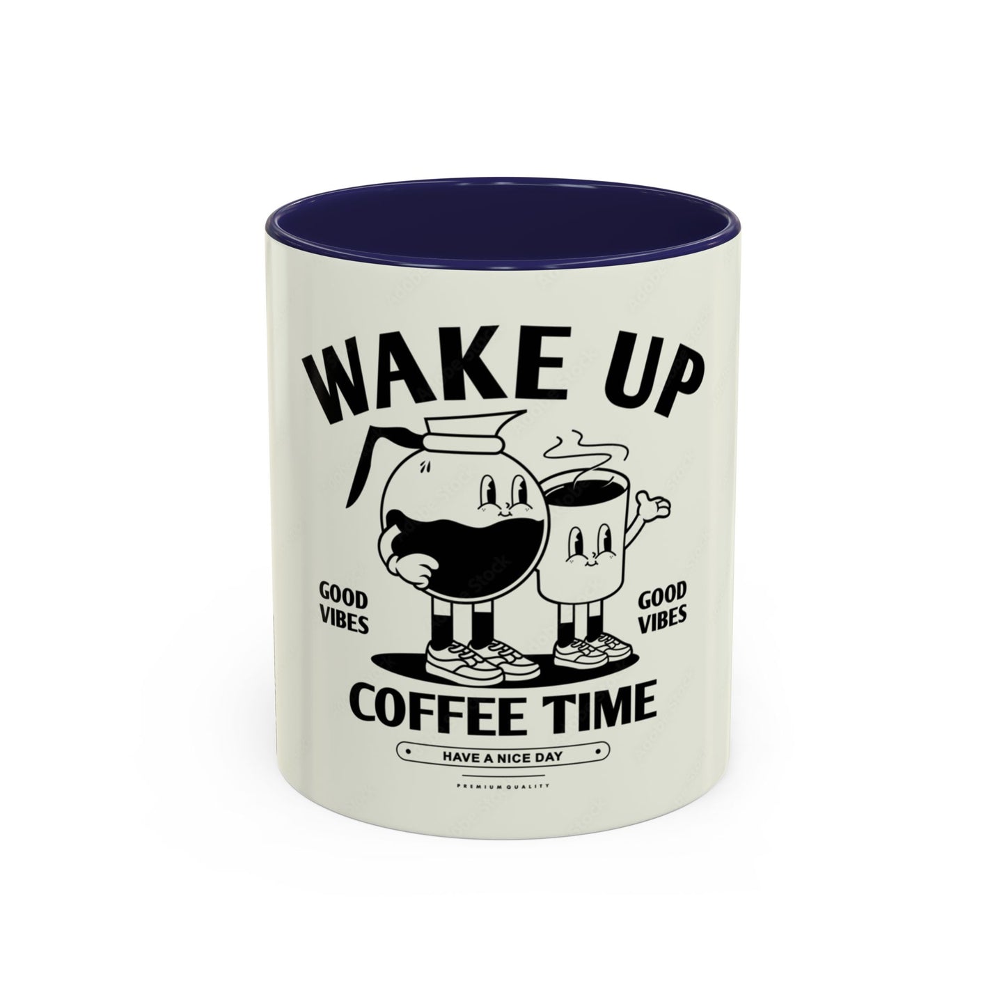 Wake Up Coffee Time Accent Mug — Retro Cartoon Coffee Pot & Cup, Good Vibes Morning Mug (11/15oz)