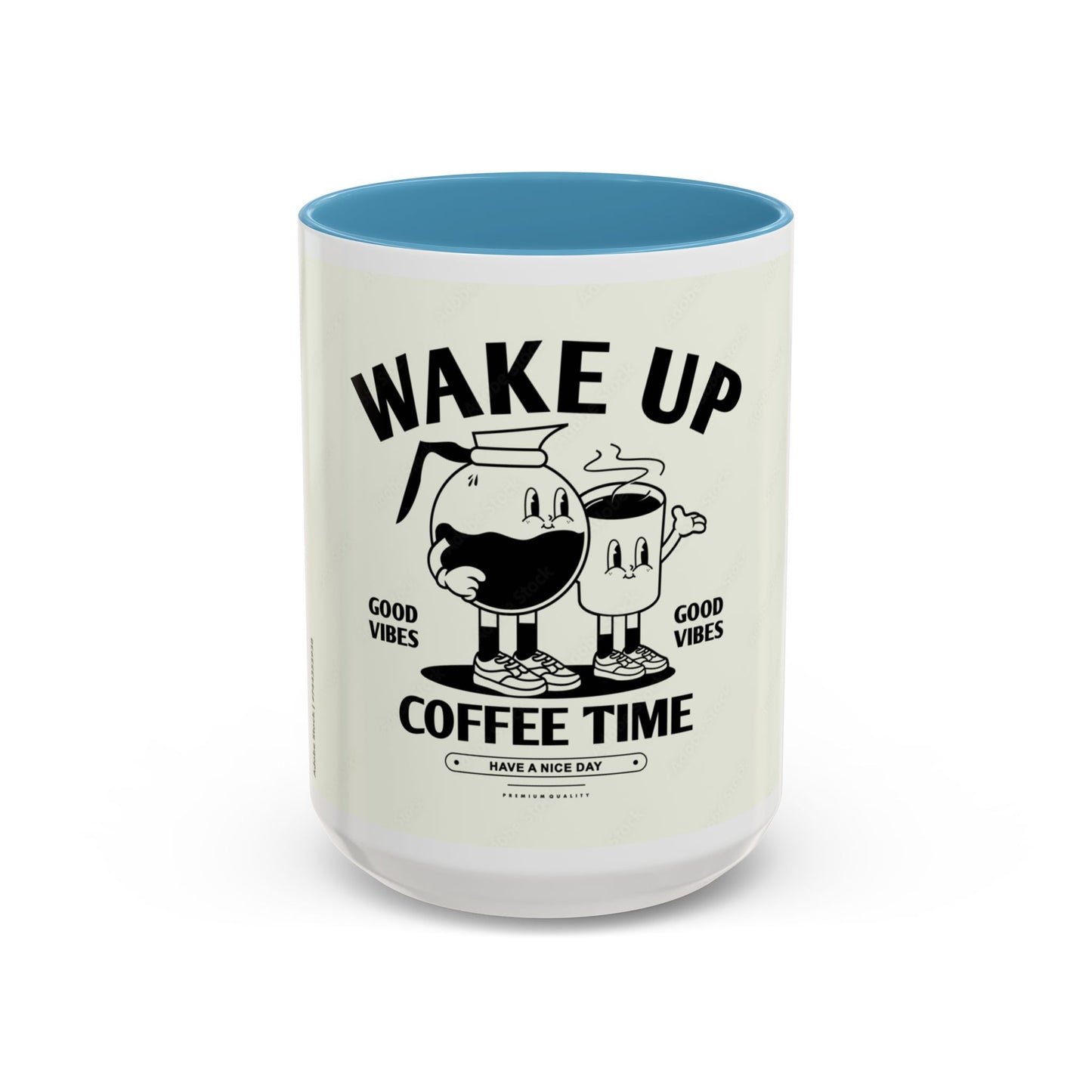 Wake Up Coffee Time Accent Mug — Retro Cartoon Coffee Pot & Cup, Good Vibes Morning Mug (11/15oz)