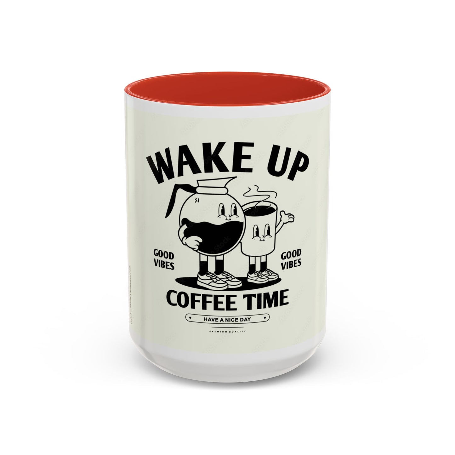 Wake Up Coffee Time Accent Mug — Retro Cartoon Coffee Pot & Cup, Good Vibes Morning Mug (11/15oz)