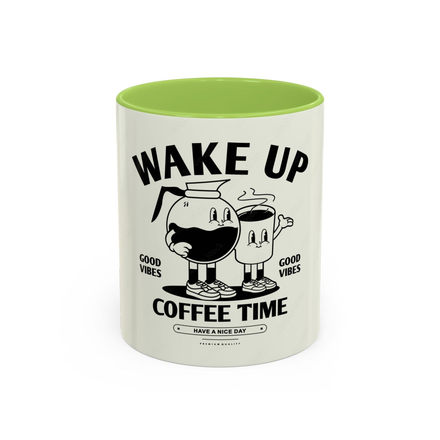 Wake Up Coffee Time Accent Mug — Retro Cartoon Coffee Pot & Cup, Good Vibes Morning Mug (11/15oz)