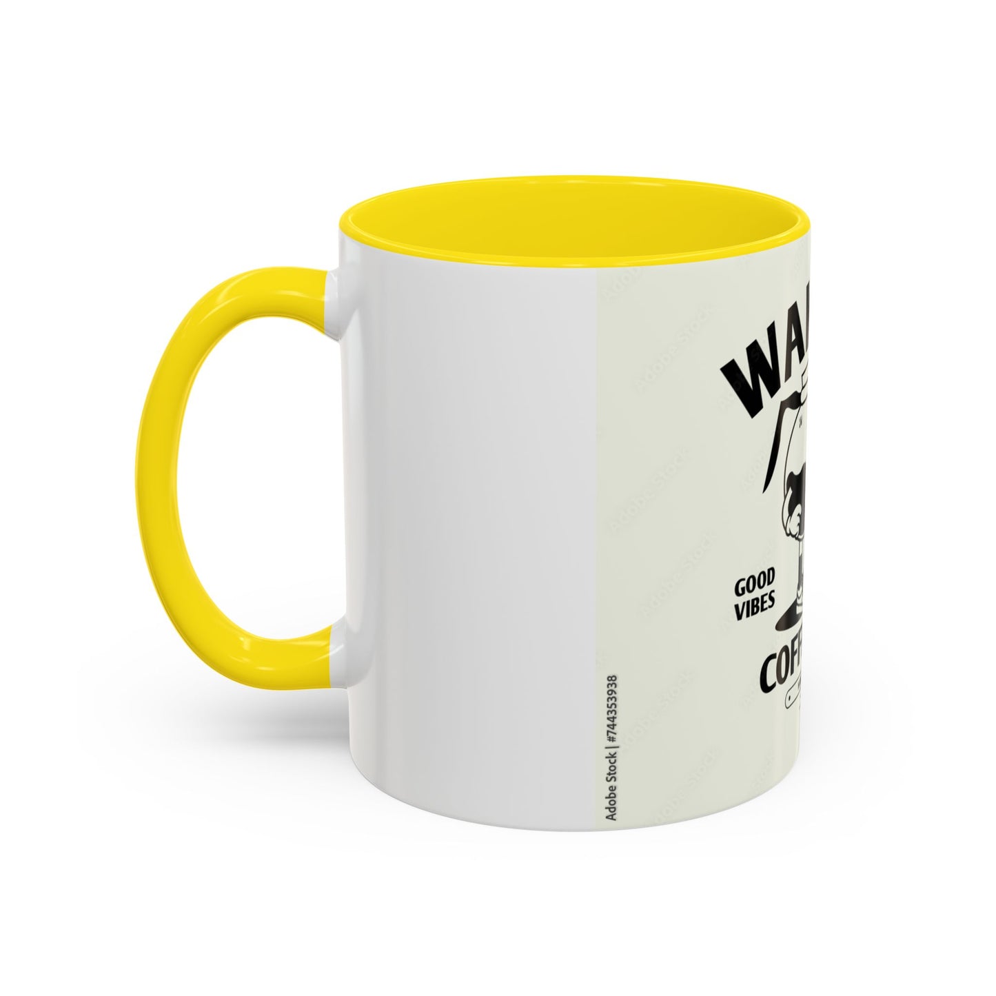 Wake Up Coffee Time Accent Mug — Retro Cartoon Coffee Pot & Cup, Good Vibes Morning Mug (11/15oz)