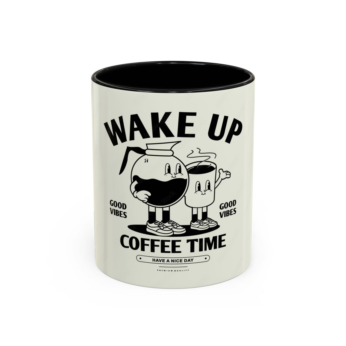 Wake Up Coffee Time Accent Mug — Retro Cartoon Coffee Pot & Cup, Good Vibes Morning Mug (11/15oz)