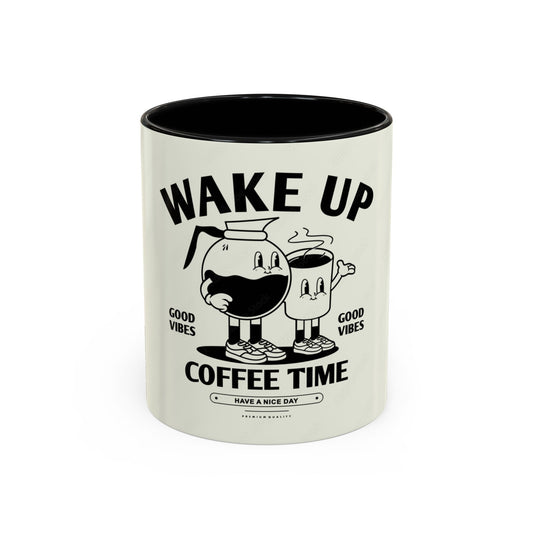 Wake Up Coffee Time Accent Mug — Retro Cartoon Coffee Pot & Cup, Good Vibes Morning Mug (11/15oz)