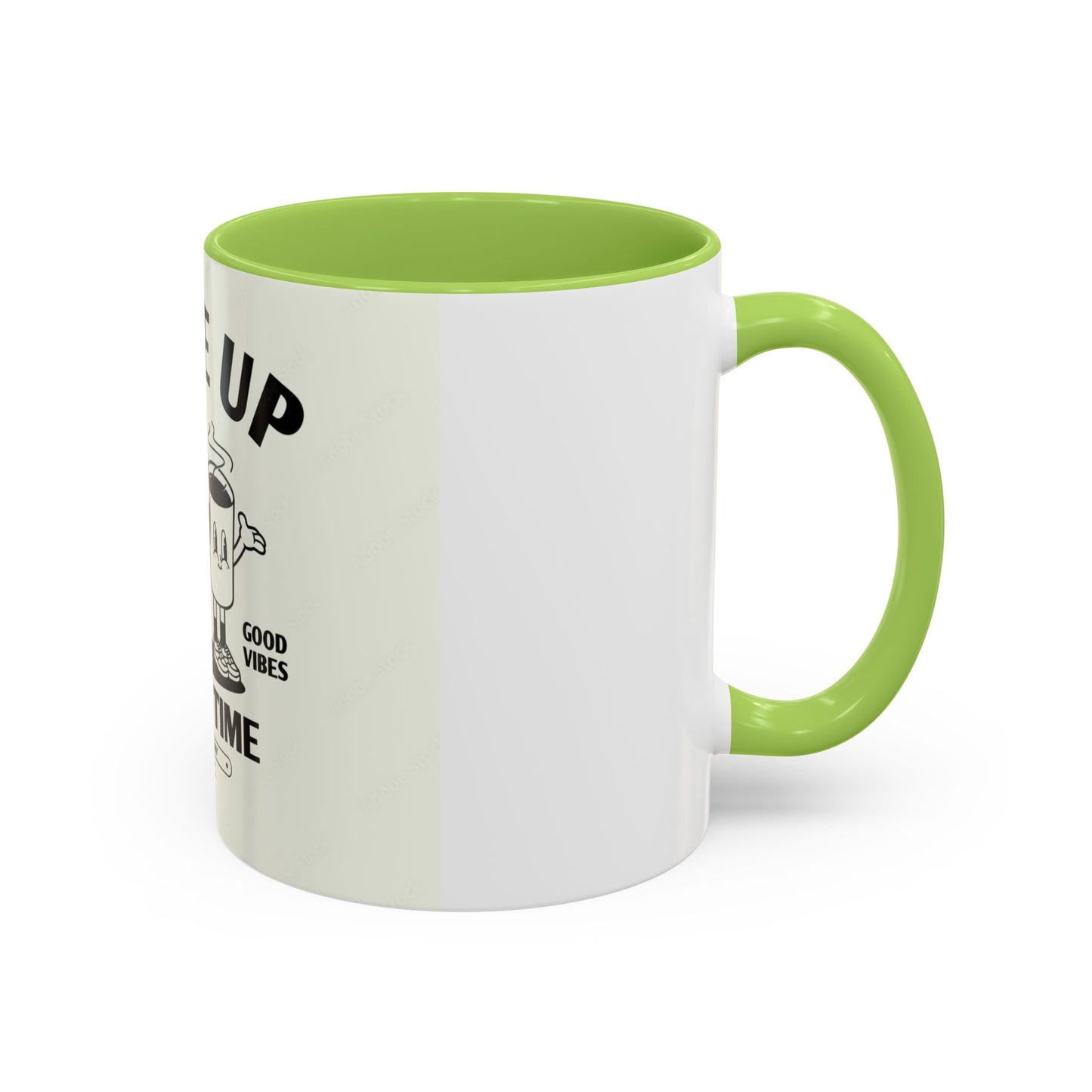 Wake Up Coffee Time Accent Mug — Retro Cartoon Coffee Pot & Cup, Good Vibes Morning Mug (11/15oz)