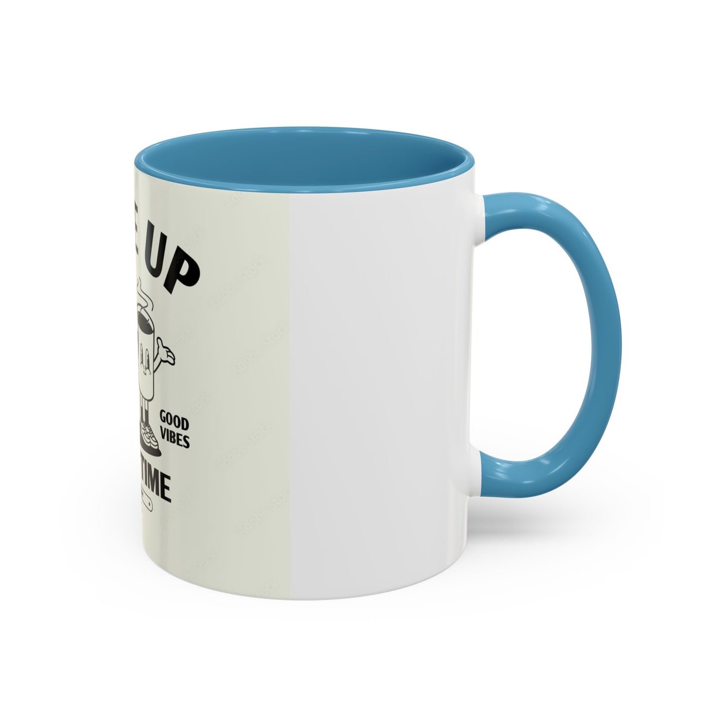 Wake Up Coffee Time Accent Mug — Retro Cartoon Coffee Pot & Cup, Good Vibes Morning Mug (11/15oz)