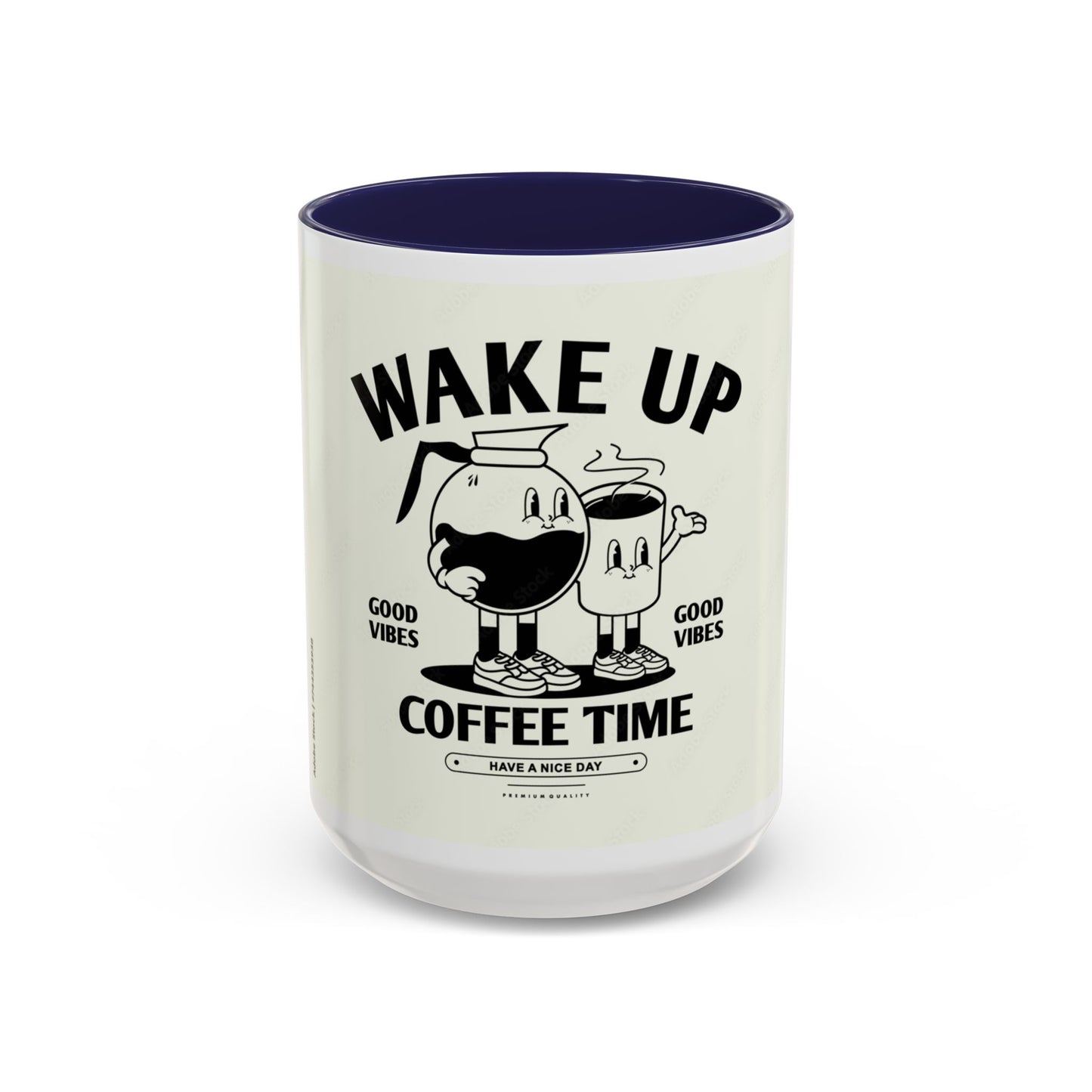 Wake Up Coffee Time Accent Mug — Retro Cartoon Coffee Pot & Cup, Good Vibes Morning Mug (11/15oz)