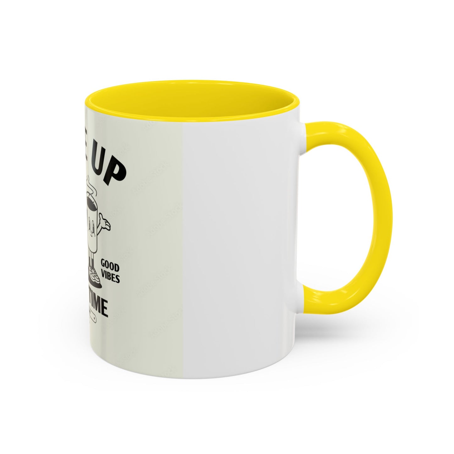 Wake Up Coffee Time Accent Mug — Retro Cartoon Coffee Pot & Cup, Good Vibes Morning Mug (11/15oz)