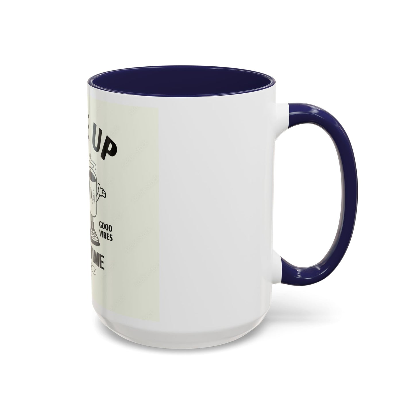 Wake Up Coffee Time Accent Mug — Retro Cartoon Coffee Pot & Cup, Good Vibes Morning Mug (11/15oz)