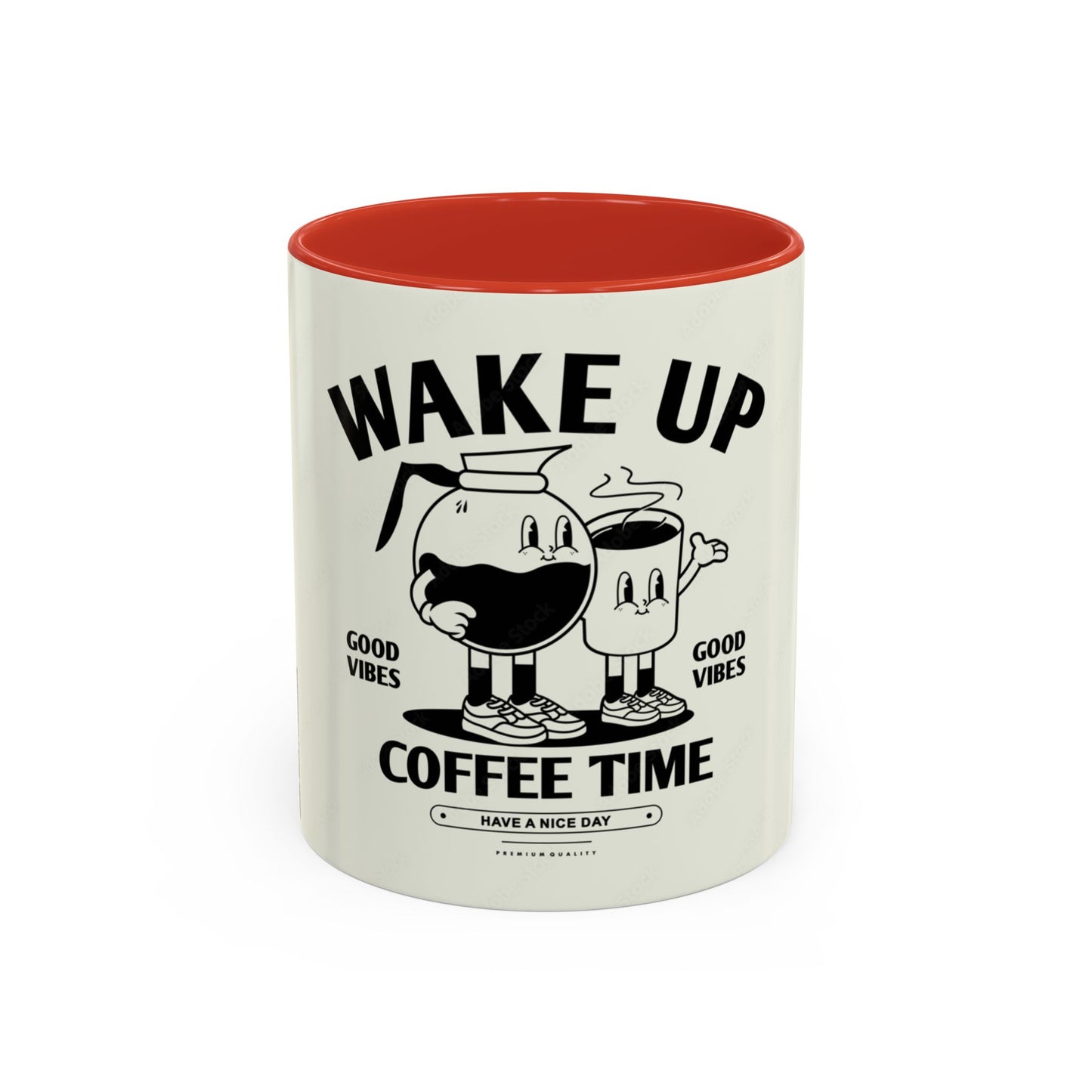 Wake Up Coffee Time Accent Mug — Retro Cartoon Coffee Pot & Cup, Good Vibes Morning Mug (11/15oz)