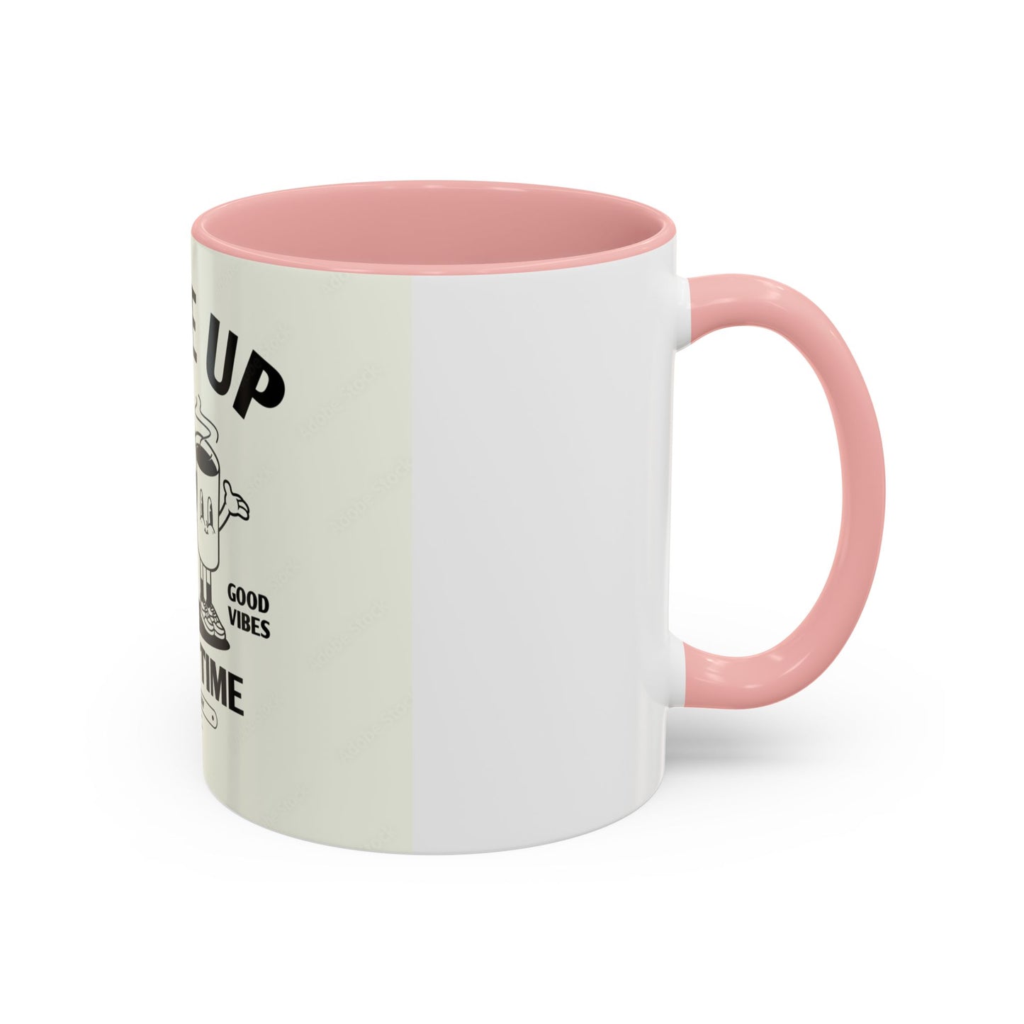 Wake Up Coffee Time Accent Mug — Retro Cartoon Coffee Pot & Cup, Good Vibes Morning Mug (11/15oz)