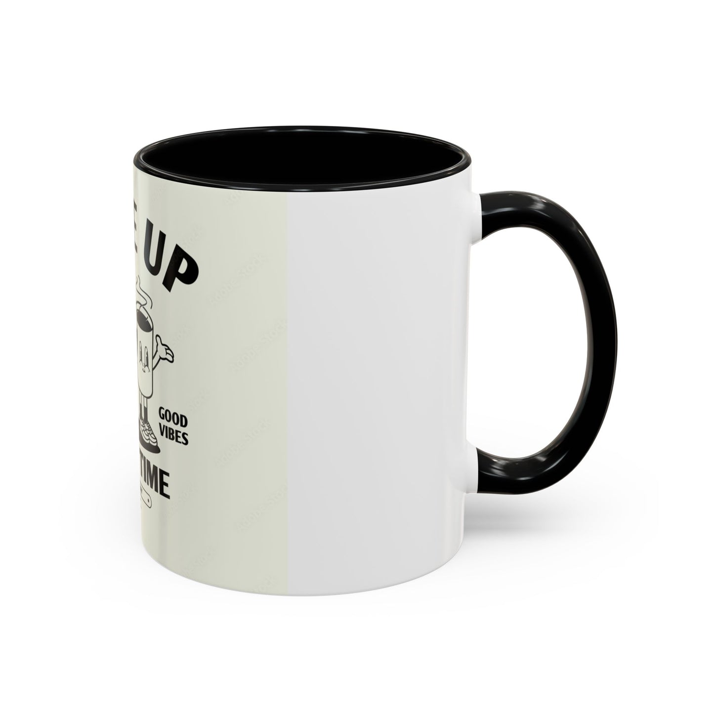 Wake Up Coffee Time Accent Mug — Retro Cartoon Coffee Pot & Cup, Good Vibes Morning Mug (11/15oz)