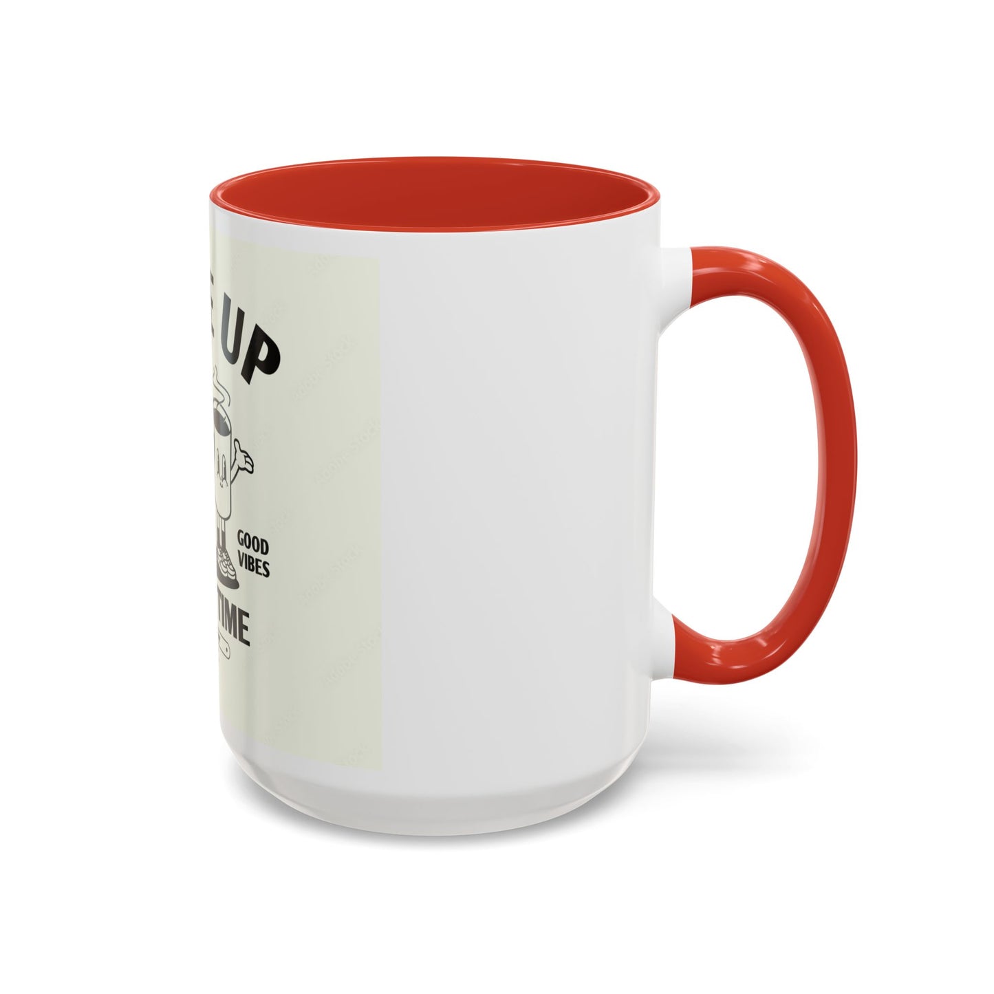 Wake Up Coffee Time Accent Mug — Retro Cartoon Coffee Pot & Cup, Good Vibes Morning Mug (11/15oz)