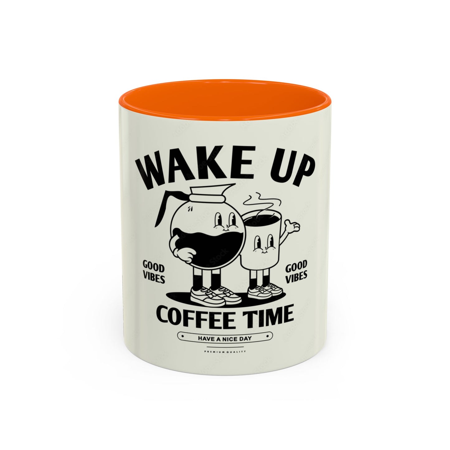 Wake Up Coffee Time Accent Mug — Retro Cartoon Coffee Pot & Cup, Good Vibes Morning Mug (11/15oz)