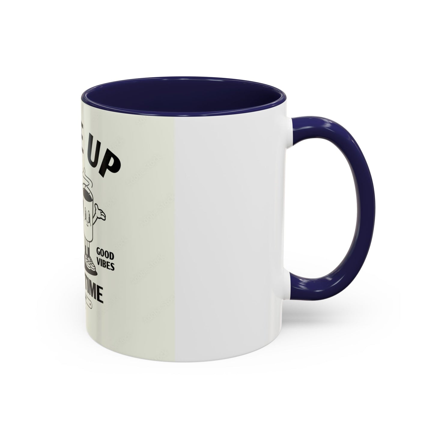 Wake Up Coffee Time Accent Mug — Retro Cartoon Coffee Pot & Cup, Good Vibes Morning Mug (11/15oz)
