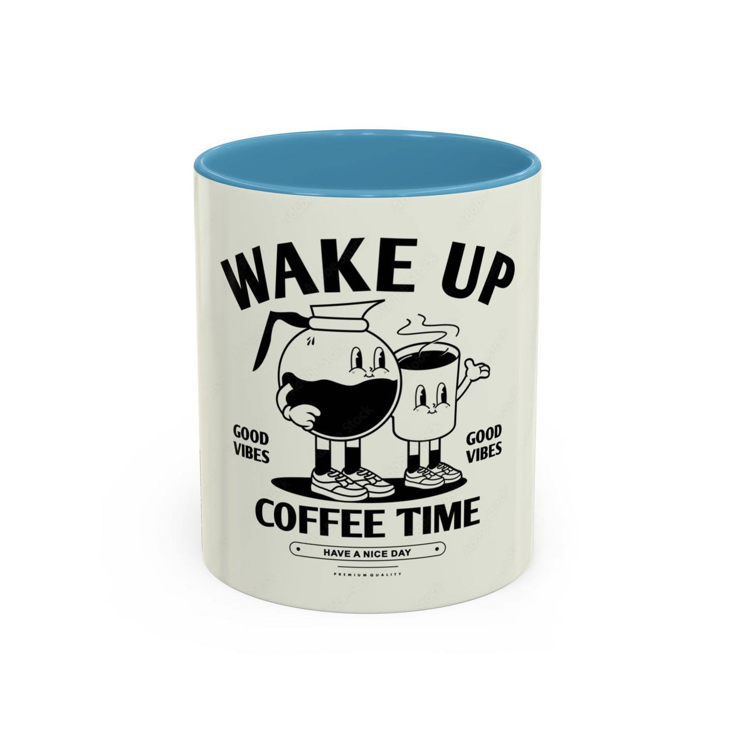 Wake Up Coffee Time Accent Mug — Retro Cartoon Coffee Pot & Cup, Good Vibes Morning Mug (11/15oz)