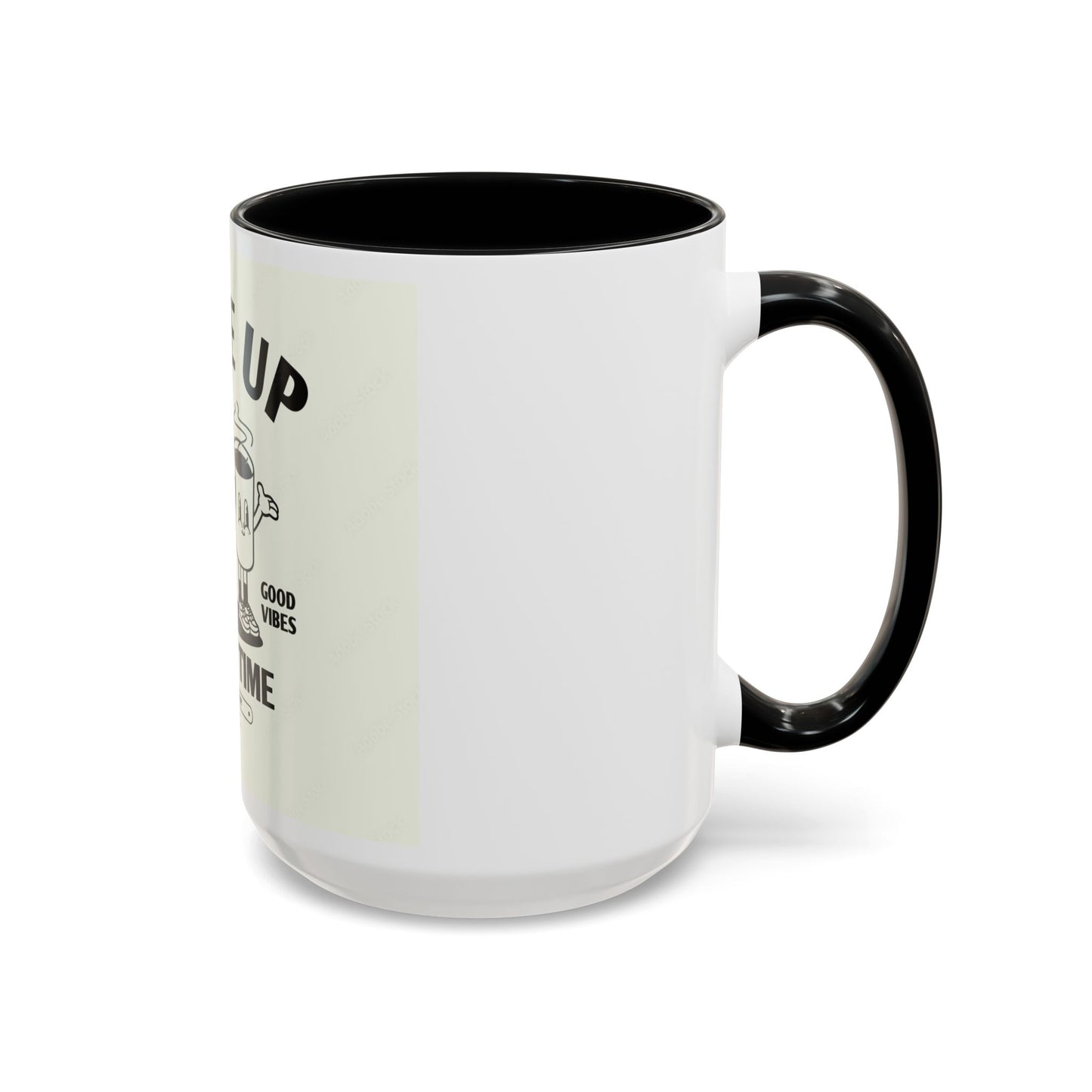 Wake Up Coffee Time Accent Mug — Retro Cartoon Coffee Pot & Cup, Good Vibes Morning Mug (11/15oz)