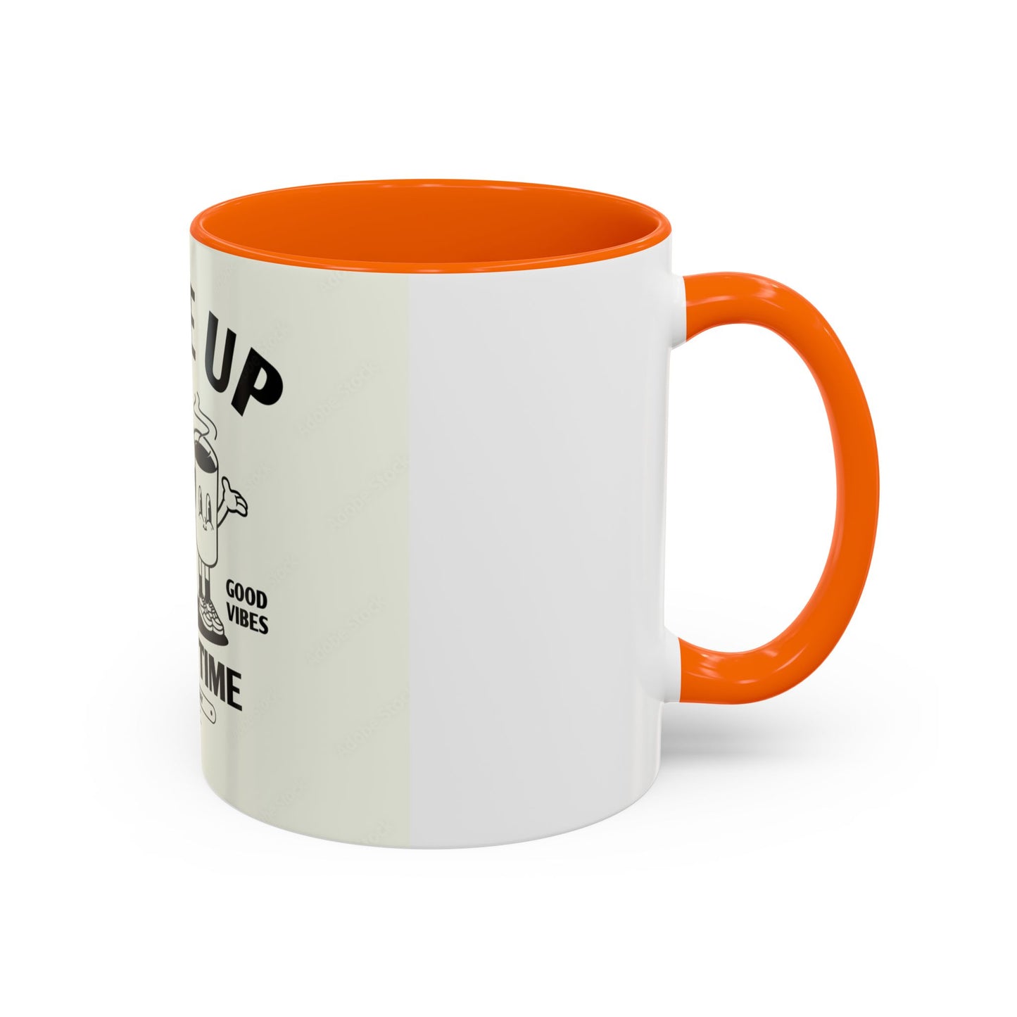 Wake Up Coffee Time Accent Mug — Retro Cartoon Coffee Pot & Cup, Good Vibes Morning Mug (11/15oz)